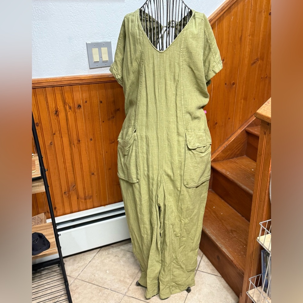 Free People Green Linen Jumpsuit with Pockets